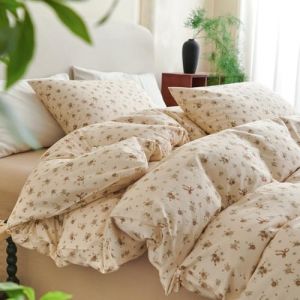 Freyamy Housse de Couette en Coton 200x200+2 Taie d'oreiller 65x65cm Beige Kaki Vert Fleurs N&oelig;ud Papillon Parure de lit 2 Personnes Adulte Floral Sets de Housse Couette Fleurie avec Fermeture &Eacute;clair (Mitchell'SZ, neuf)