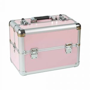N&BF Grande mallette de rangement en aluminium pour produits cosm&eacute;tiques - Pour professionnels - Verrouillable - Avec 2 &eacute;tag&egrave;res et des compartiments vides - Rose (NAILS-FACTORY, neuf)