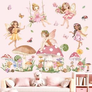 decalmile Stickers Muraux Fée Fleurs Rose Autocollant Mural Fille Floral Elfes Champignon Papillons Décoration Murale Bébé Fille Chambre Enfants Pépinière (DecalMile Direct, neuf)