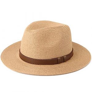 DRESHOW Femme Homme Chapeau de Paille Panama Chapeau &Eacute;t&eacute; Large Bord Chapeau de Soleil Anti-UV pour Plage Voyage Fedora Chapeau de Soleil, Taille Unique, Belt Khaki-V2 (Dreshow, neuf)