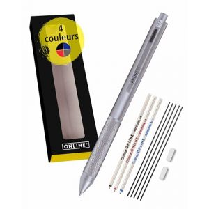 ?????? stylo à bille 4-en-1 argent | multicolore et multifonctionnel | 3 mines pour stylo en bleu, noir et rouge, et une mine de crayon à papier | inclus gomme à effacer (Online Schreibgeräte, neuf)