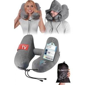 FLOWZOOM Air Coussin de Voyage Gonflable pour Avion et Voiture – Coussin pour Avion Réglable, 5 Positions de Sommeil, Gonflage Rapide, Capuche Amovible, Housse en Peluche – Taille L, Gris (FLOWZOOM, neuf)