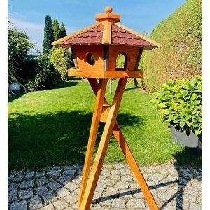 DARLUX Maison mangeoire pour oiseaux L ou XL hexagonale en bois station d'alimentation marron/bleu, rouge, noir et vert (XL avec support, rouge - marron) (GL&Uuml;H-WELT, neuf)