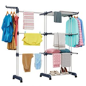 johgee Séchoir à Linge, 4 Niveaux Grande Sechoir a Linge Pliable avec Roues, Etendoir Linge intérieur, Taille 89 x 66 x 178 cm/170 × 66 × 178cm, Séchoir Linge Stable(Bleu & Blanc) (Wohl-Hausshop, neuf)