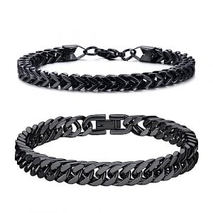 GoPaw 2pcs Bracelet En Argent Pour Homme,Bracelet Cha&icirc;Ne Hommebracelet Gourmette Homme Gar&ccedil;On En Acier Inoxydable Noir,21Cm De Long, Gourmette Maille Figaro De 6MM/8MM (GoPaw Cayne, neuf)