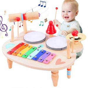 LZDMY Tambour Jouet Bebe, Instrument de Musique Bebe, 10 en 1 Ensemble de Batterie Enfants, Table Musicale Jouets Montessori en Bois Jouets de Percussion Cadeau Fille Garçons Jeux Montessori 1-5 Ans (Kaipi, neuf)