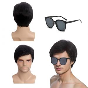 QSZHSL Perruque Homme, Noir Courte Perruque pour Homme, Perruque Noire, Perruque Homme Naturel, Lunettes de Soleil, Synthétiques Cheveux Court Perruque de Cosplay Halloween Costume de Fête (Qiqing, neuf)