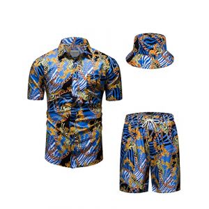 fohemr hommes baroque ensemble de deux pièces or chaîne motif bleu chemise short avec chapeau de pêcheur Casual set vacances d'été plage set Small (fohemr, neuf)