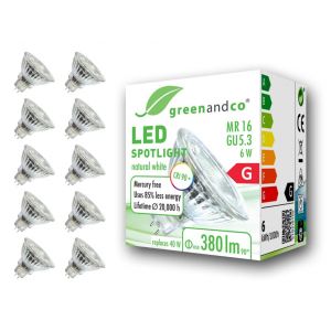 greenandco 10x Ampoule LED MR16 GU5.3 | CRI 90+ | 6W 380 lm | 4000K blanc neutre | 36&deg; | 12V AC/DC | non dimmable (greenandco-fr, neuf)