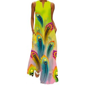 Ocean Plus Femmes Jupe Longue sans Manches Col V Robe Florale Imprimée Maxi Robe sans Manches avec Col en V (XXL, Plume de Paon Jaune-Vert) (Ocean Plus, neuf)