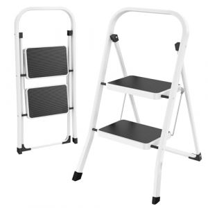 HBTower Escabeau 2 Marches Pliable – Petit Escabeau Fait en Acier Alliage, Marches Antidérapantes, Épaisseur Pliée 4,5 cm, Charge 150 kg, sans Montage – pour Cuisine, Garage & Bureau (KANGQIAN-EU, neuf)