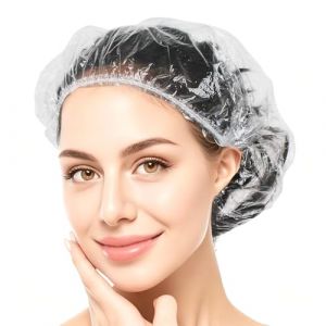 Kryzulax 100 Pi&egrave;ces Bonnet Douche Jetable,Bonnet de Douche &agrave; Usage Unique,Bonnet de Douche en Plastique,Douche Large &Eacute;lastique &Eacute;pais en Plastique Transparent,pour H&ocirc;tel,Shower,Spa(46cm) (ANDJEOYNFLTD, neuf)