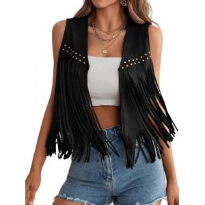 Gilet à franges pour femme - Costume hippie des années 70 - Veste western de cowgirl sans manches en daim synthétique avec pompons - Vêtement d'extérieur en cuir, e noir, L (autumn2020, neuf)