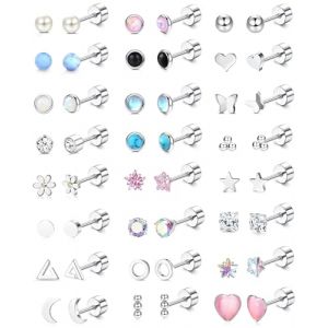 Diamday 24Paires Boucle d'Oreille Acier Innoxydable Femme Piercing Oreille Boucles d'Oreilles &agrave; vis Hypoallerg&eacute;nique &Eacute;toile Lune Opale Piercing Helix 20G Flatback Boucles d'oreille Enfant Fille (Diamday, neuf)