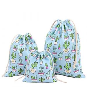 Amoyie Lot de 3 Sac &agrave; Cordon Tissu, Petit Pochette Rangement Bebe Maternite, Cotton Organiseurs de Bagage pour Voyage, Jouets, V&ecirc;tements Enfant, Cactus bleu (amoyie, neuf)