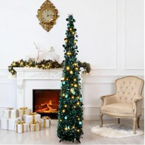 Christmas Tree &ndash; Sapin de No&euml;l Lumineux Bleu Sarcelle 150cm avec Paillettes &ndash; Sapin Slim Artificiel Pliable LED pour Appartements, Coins, dortoirs, Bureaux, d&eacute;co de f&ecirc;tes Moderne (OCSOSOUK, neuf)