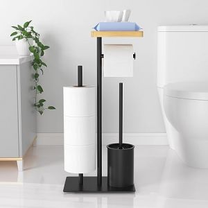 Porte Papier Toilette avec Brosse WC, Porte Rouleau Papier Toilette Debout en Acier Inoxydable avec Boîte à Lingettes Humides, Brosse WC et Dérouleur Papier Aucun Perçage Requis (Noir Mat) (NIFFGAFF-EU, neuf)