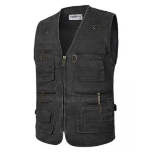 Yukirtiq Homme Gilet de Pêche Veste de Photographie Casual Manteau sans Manche d'extérieur Camping Décontracté Multi Poches Pêche Gilets Coton, Noir, L (Yukirtiq, neuf)