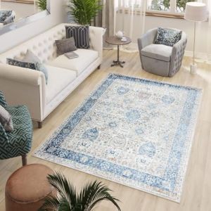 TAPISO Valley Tapis Poil Court Traditionnel Vintage Bleu Gris Miel Moucheté Motif Ornamental Bordure Tapis Salon Chambre Salle à Manger Bureau Oeko-TEX Résistant 300 x 400 cm (TAPISO-FR, neuf)