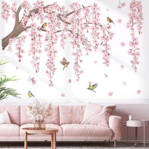 decalmile Stickers Muraux Grand Branche de Fleurs Rose Autocollants Muraux Fleurs de Cerisier Floral Branche Arbre Oiseaux Décoration Murale Salon Chambre Mur TV (DecalMile Direct, neuf)
