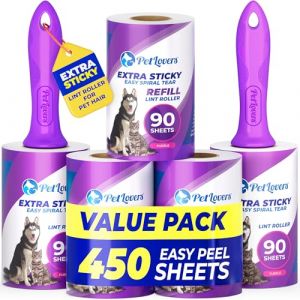 PetLovers Rouleau de Charpie Extra Collant Mega Value Set 450 Feuilles pour &eacute;liminer Les Poils d'animaux et Nettoyer Les v&ecirc;tements, Rouleau Anti-Peluches pour Chiens et Chats, Pack de 5 Violet (PetLovers FR, neuf)