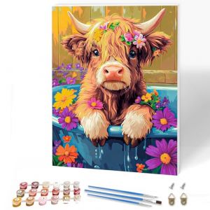 KEYIFA Vache Highland Peinture par Num&eacute;ros pour Adulte Avec Cadre, Kits de Peinture au Num&eacute;ro avec Acrylique, DIY Fleur Creatif Toile Painting &agrave; l'huile, D&eacute;coration de Maison 30x40cm (WEIXINDA, neuf)