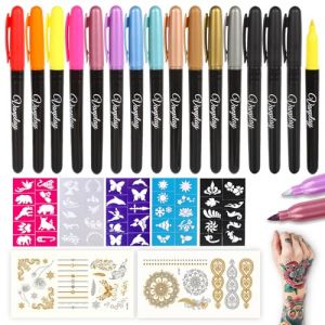 Tatouage Temporaire Stylo Tatouage Cadeau ado Fille avec 15 Stylos Tatouage 5 Pochoir Tatouage ?et 2 Autocollants Kit Tatouage de Cadeau pour Filles Garçons Adultes (Creative and Play, neuf)