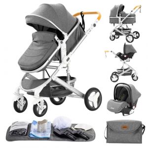 GLOKID Poussette 3 en 1，Poussette Canne，Trio，Avec Siège Accessoires，Adaptateurs Universels，Landau Bébé jusqu'à 25 kg，4 roues avec amortisseurs，Nacelle，Grandes Roues，pliage d'un clic (530 Gris) (EUCHILDREN, neuf)