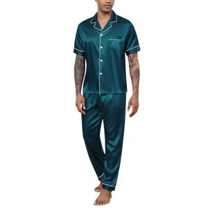 Reliwel Pyjama Homme Ete Satin Pyjama Short Homme en Soie Boutonn&eacute; Chemise Manches Courtes et Pantalon Long Deux Pi&egrave;ces v&ecirc;tements de Nuit Confortable Doux (Reliwel-FR, neuf)
