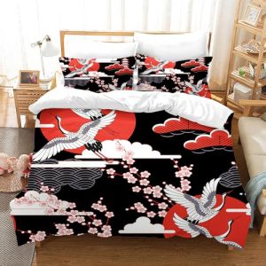 Housse de Couette Japonais Parure de Lit Fermeture Éclair, Housse de Couette, samouraï Japonais, taie d'oreiller imprimée avec Branches de Fleurs botaniques, 65x65cm (Style C, 140x200cm) (CR-EU-STORE, neuf)
