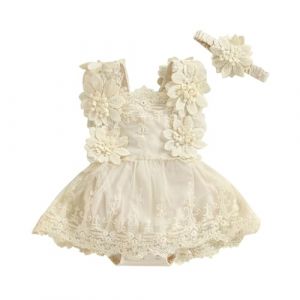 HEOXIN B&eacute;b&eacute; Fille Nouveau-n&eacute; Robe Chasuble, Robe D'&eacute;t&eacute; avec Broderie de Fleurs en Dentelle et Tutu, Robes de Princesse sans Manches avec Bandeau de Fleurs Bodysuit pour 2-3 Ans, Beige (HEOXIN, neuf)