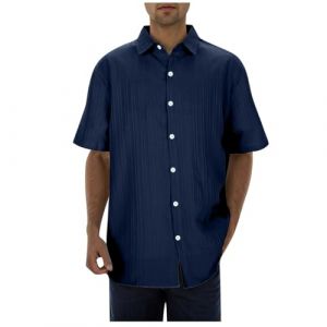Chemise en lin pour homme - Manches courtes - Chemise en lin - Chemise de loisirs - Coupe droite - Chemise d'été avec col montant - Décontractée - Coupe droite - Chemise rayée, Z01 bleu marine, 3XL (runBel, neuf)