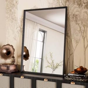 WEER Miroir Salle de Bain Noir, 70 x 90 cm Cadre Polym&egrave;re Miroir Mural Rectangulaire &agrave; Textur&eacute;, Incassable Verre Tremp&eacute; pour Salle de Bain, Chambre, Salon, Suspendre Horizontale ou Verticale (WEER-US, neuf)