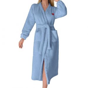 Generisch Peignoir pour femme avec motif c&oelig;ur - Robe de bain d'hiver en &eacute;ponge - Longue, chaude, douce et pelucheuse - Manches longues - Avec poches, bleu clair, XL (Luotema, neuf)
