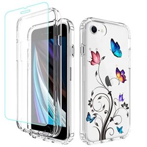 Gufuwo Coque pour iPhone 7/pour iPhone8/SE 2022/pour iPhone SE 3 2022/SE 2020 avec protection d'&eacute;cran en verre tremp&eacute;, Coque Rigide Floral Int&eacute;gral+Bords en TPU Anti-Choc Housse pour iPhone 8 Papillon (peiyecase, neuf)