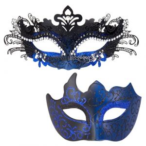 MYSEUNI Masque vénitien bleu pour couple – Masque vénitien en filigrane avec strass brillants pour femme et homme, pour Mardi Gras, bal masqué, Halloween (MYSEUNI, neuf)