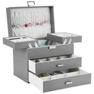 Dajasan Boite a Bijoux Femme, Bo&icirc;te &agrave; Bijoux, 4 Couches Grande Boite Bijoux avec 2 Tiroirs pour Anneaux, Boucles d'oreilles, Colliers, Bracelets (Gris) (Dajasan Home, neuf)