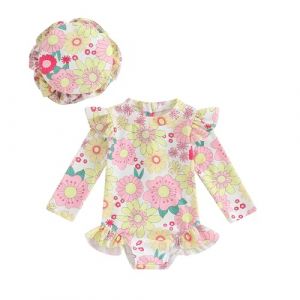 Carolilly Maillot de Bain Une Pièce Bébé Fille à Volant Imprimé Floral, Maillot de Bain Anti-UV à Manches Longues avec Chapeau (6 Mois à 3 Ans) (Jaune B, 2-3 Years) (La Vie Brillante, neuf)