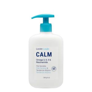 Lotion corporelle Calm Deliplus oméga 3, 6, 9 et niacinamide peau sensible et atopique | 48 heures d'autonomie [400 ml] (Arapaima Beitia, neuf)