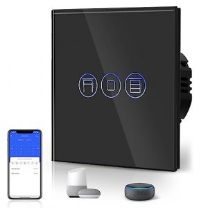 BSEED Interrupteur Volet Roulant Connecté, WiFi Interrupteur Volet Roulant Compatible avec Alexa Google Home pour Commande Vocale,Minuterie Intelligent en verre Noir (Bseed-EU, neuf)