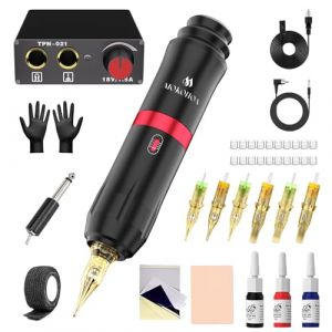 Mokohoa Machine &agrave; tatouer pour d&eacute;butants, kit de machine &agrave; tatouer avec encre, aiguilles &agrave; cartouche, feuille de pratique, gants en caoutchouc, accessoires de tatouage (noir charbon) (MOKOHOA, neuf)