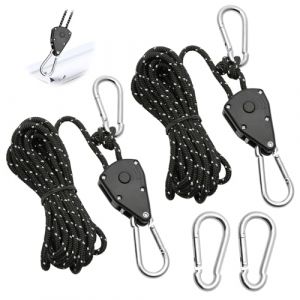 2 Pièces Corde à Cliquet Réglable 4M, Poulie à Cliquet Noir 1/8 avec 2 Replacement Crochets, Tendeur de Corde à Cliquet Réfléchissante pour Lampe Plantes Tente Randonnée (HUAKAIY, neuf)