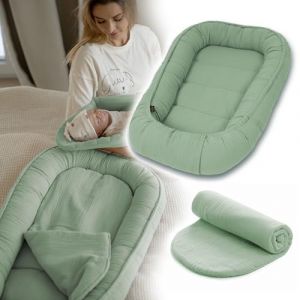 PaLulli&reg; R&eacute;ducteur de Lit B&eacute;b&eacute; 100x60 cm | Cocon Nouveau-n&eacute; en Mousseline Douce avec Matelas | Nid de B&eacute;b&eacute; 100% Coton Certifi&eacute; Oeko-TEX&reg; pour Sommeil S&eacute;curis&eacute;, Berceau, Lit et Voyage (Vert Sauge) (PaLulli, neuf)