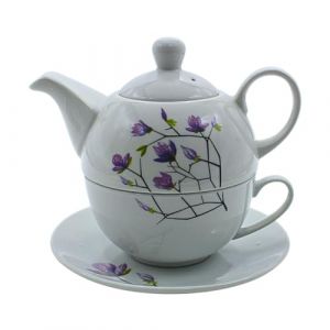 Service &agrave; th&eacute; en porcelaine, Tea for one, Carafe &agrave; th&eacute; avec tasse, Th&eacute;i&egrave;re, Service &agrave; th&eacute;, Tasse &agrave; th&eacute; avec th&eacute;i&egrave;re, Ensemble de th&eacute;i&egrave;res fleuries avec tasse en porcelaine en blanc et lilas, L/l/H 15 (Dekohelden24, neuf)