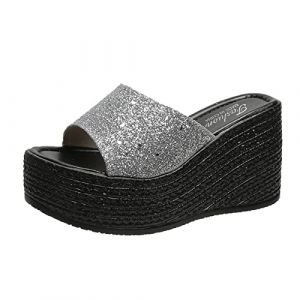 Dasongff Sandale Semelle Epaisse Sexy Club Femme Claquette Paillette Plateforme Bout Ouvert Été Sandales de Plage Talons Compensée Haut Tongs Pantoufles Slip-on Enfiler Grande Taille pour Femmes (ELECTRI, neuf)