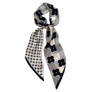 GIMIRO Écharpe en Satin, 148 x 13 cm, Motif Géométrique Damier, Double Couche, Polyester, Marron et Blanc (Fleur noire - Plaid) (WOWGOOD, neuf)
