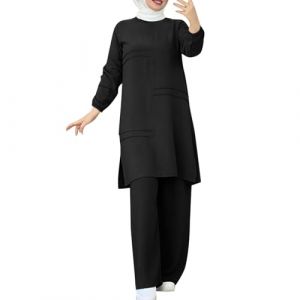 Generisch Ensemble 2 pi&egrave;ces pour femmes musulmanes, dos au mur, chemise boutonn&eacute;e &agrave; manches longues et pantalon, abaya, robe de loisir, tenue de Duba&iuml; avec voile de mari&eacute;e et perles, Noir , L (⭐⭐⭐⭐⭐Five star⭐⭐⭐⭐⭐, neuf)