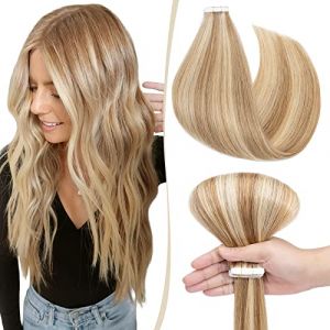 SEGO Extensions Cheveux Naturel Adhesif - Extension Adhesive Cheveux Humain Lisse - Bande Adhesive Extension Adhesif Cheveux Blond - 30 CM 12P613#Brun Doré Mèche Blond Blanchi [2g X 10 Bandes] (Shiny Collection-88, neuf)