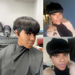 Perruque courte en cheveux humains 6 pouces entièrement fabriquée à la machine Perruque courte cheveux humains Pixie noire avec frange Perruque courte en couches Pixie for une utilisation en soirée (MYDZSWZX, neuf)