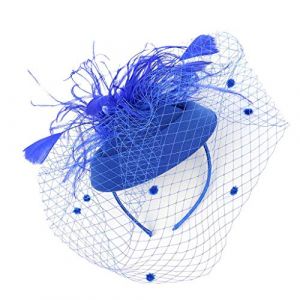 Bibi avec plumes sur un bandeau et une fleur fourchée - Serre-tête bibi de mariage pour cocktail, goûter, tendance et élégant - En maille - Pour mariage - Bleu - Taille unique (fhjvbt, neuf)